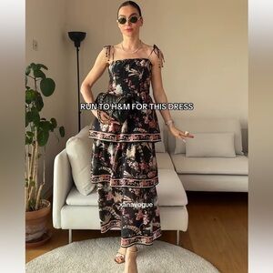 H&M Black Floral Tiered Maxi Dress with Pink and Cream Accents